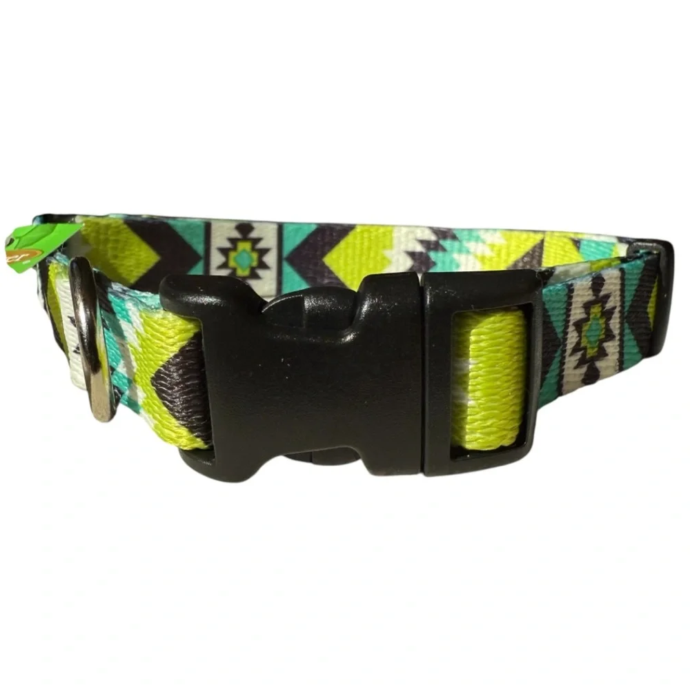 Southwestern Boho Teal/Lime Aztec Geometric Adjustable Dog Collar, Medium 18”